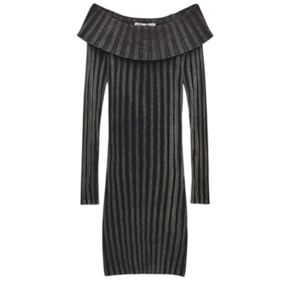 Zara Black Brown Acid Wash Ribbed Knit Off the Shoulder Sweater Dress XS NWT